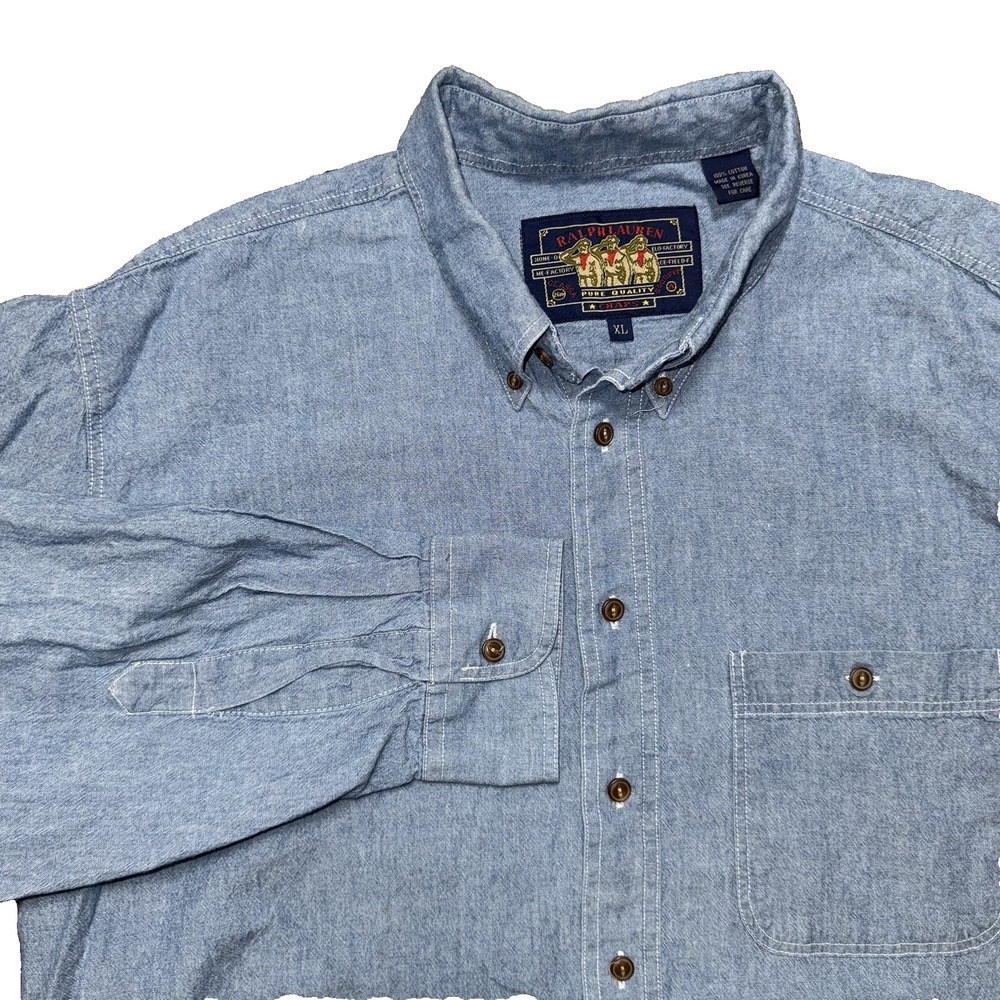 Ralph Lauren Chaps Denim Button Up Shirt Long Sleeve Pocket Mens Size XL Vintage